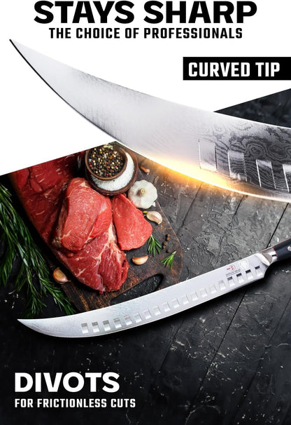10" Cimitar Breaking Knife — AUS-10V Japanese Steel, 62+ HRC — For Primal Breaking, Large Meat Portioning & Butcher Work — Full-Tang G10, Sheath, Shogun ELITE, customer support