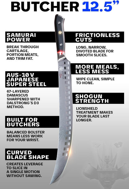 10" Cimitar Breaking Knife — AUS-10V Japanese Steel, 62+ HRC — For Primal Breaking, Large Meat Portioning & Butcher Work — Full-Tang G10, Sheath, Shogun ELITE, customer support