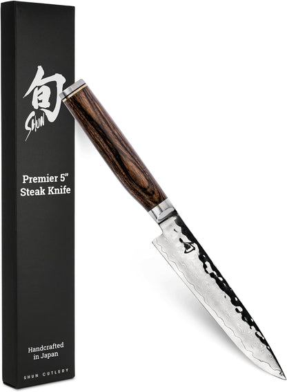 Premier 5" Steak Knife, Handcrafted and Hand-Sharpened Japanese Knife for Professional and Home Chefs, VG-MAX Core with Damascus Stainless Steel Cladding, Pakkawood Handle