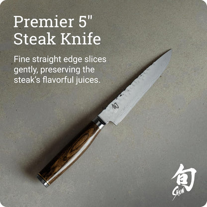 Premier 5" Steak Knife, Handcrafted and Hand-Sharpened Japanese Knife for Professional and Home Chefs, VG-MAX Core with Damascus Stainless Steel Cladding, Pakkawood Handle