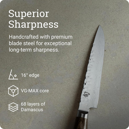 Premier 5" Steak Knife, Handcrafted and Hand-Sharpened Japanese Knife for Professional and Home Chefs, VG-MAX Core with Damascus Stainless Steel Cladding, Pakkawood Handle