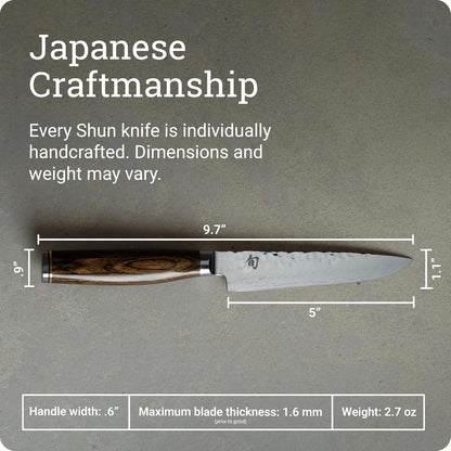 Premier 5" Steak Knife, Handcrafted and Hand-Sharpened Japanese Knife for Professional and Home Chefs, VG-MAX Core with Damascus Stainless Steel Cladding, Pakkawood Handle