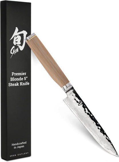 Premier 5" Steak Knife, Handcrafted and Hand-Sharpened Japanese Knife for Professional and Home Chefs, VG-MAX Core with Damascus Stainless Steel Cladding, Pakkawood Handle