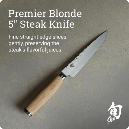 Premier 5" Steak Knife, Handcrafted and Hand-Sharpened Japanese Knife for Professional and Home Chefs, VG-MAX Core with Damascus Stainless Steel Cladding, Pakkawood Handle