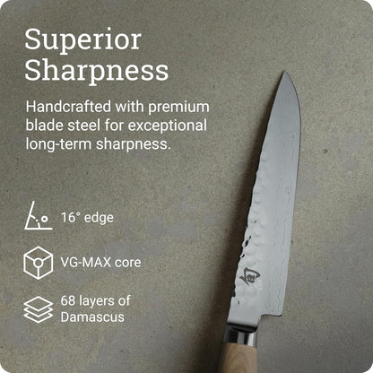 Premier 5" Steak Knife, Handcrafted and Hand-Sharpened Japanese Knife for Professional and Home Chefs, VG-MAX Core with Damascus Stainless Steel Cladding, Pakkawood Handle
