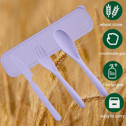 Wheat Straw Travel Cutlery Set Portable Knife Fork Spoon with Storage Case | Reusable wheat straw travel utensils with case, BPA-free tableware for adults office school picnic daily use