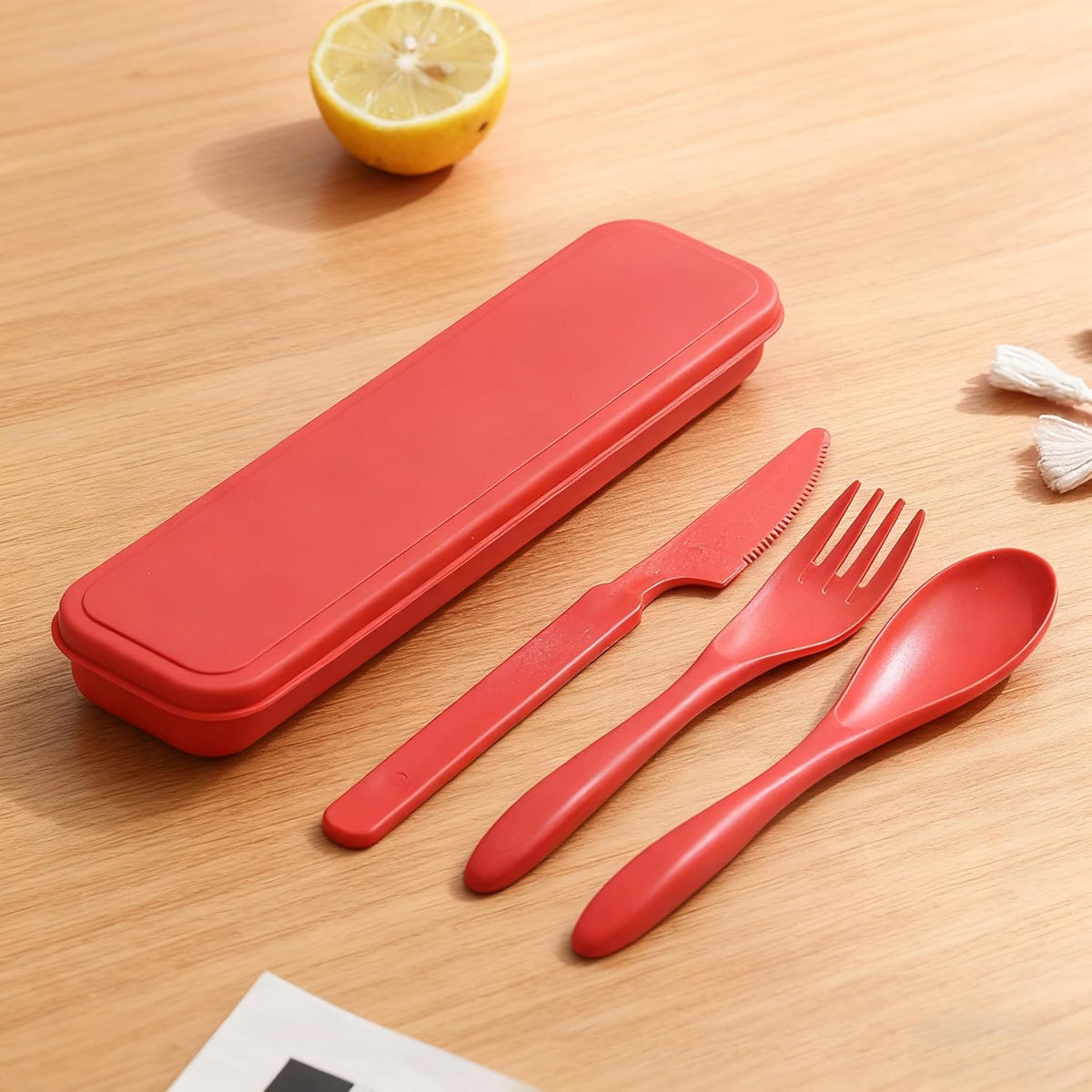 Wheat Straw Travel Cutlery Set Portable Knife Fork Spoon with Storage Case | Reusable wheat straw travel utensils with case, BPA-free tableware for adults office school picnic daily use