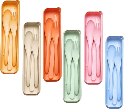 Wheat Straw Travel Cutlery Set Portable Knife Fork Spoon with Storage Case | Reusable wheat straw travel utensils with case, BPA-free tableware for adults office school picnic daily use