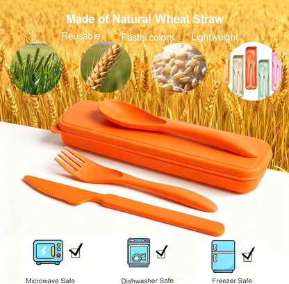 Wheat Straw Travel Cutlery Set Portable Knife Fork Spoon with Storage Case | Reusable wheat straw travel utensils with case, BPA-free tableware for adults office school picnic daily use