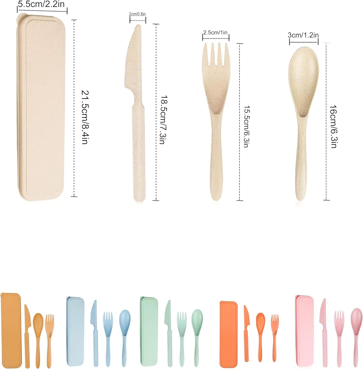 Wheat Straw Travel Cutlery Set Portable Knife Fork Spoon with Storage Case | Reusable wheat straw travel utensils with case, BPA-free tableware for adults office school picnic daily use