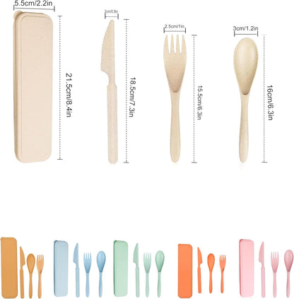 Wheat Straw Travel Cutlery Set Portable Knife Fork Spoon with Storage Case | Reusable wheat straw travel utensils with case, BPA-free tableware for adults office school picnic daily use
