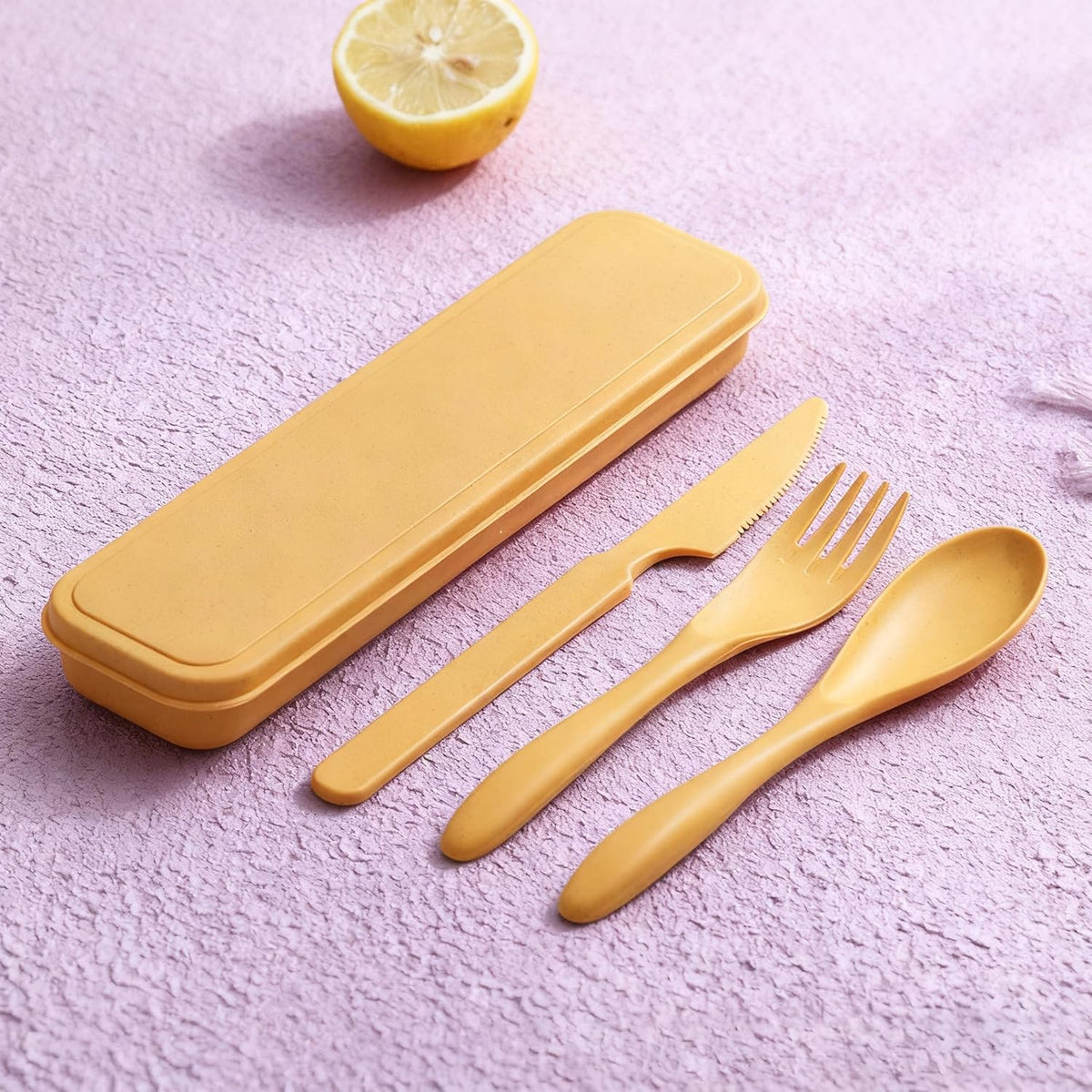 Wheat Straw Travel Cutlery Set Portable Knife Fork Spoon with Storage Case | Reusable wheat straw travel utensils with case, BPA-free tableware for adults office school picnic daily use