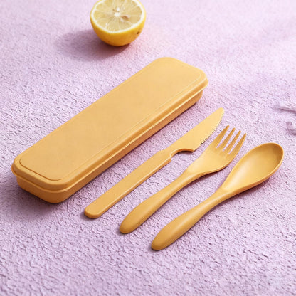 Wheat Straw Travel Cutlery Set Portable Knife Fork Spoon with Storage Case | Reusable wheat straw travel utensils with case, BPA-free tableware for adults office school picnic daily use