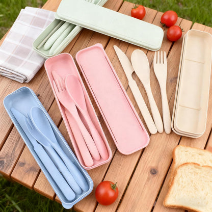 Wheat Straw Travel Cutlery Set Portable Knife Fork Spoon with Storage Case | Reusable wheat straw travel utensils with case, BPA-free tableware for adults office school picnic daily use