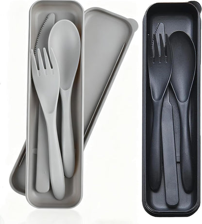Wheat Straw Travel Cutlery Set Portable Knife Fork Spoon with Storage Case | Reusable wheat straw travel utensils with case, BPA-free tableware for adults office school picnic daily use