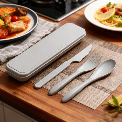 Wheat Straw Travel Cutlery Set Portable Knife Fork Spoon with Storage Case | Reusable wheat straw travel utensils with case, BPA-free tableware for adults office school picnic daily use