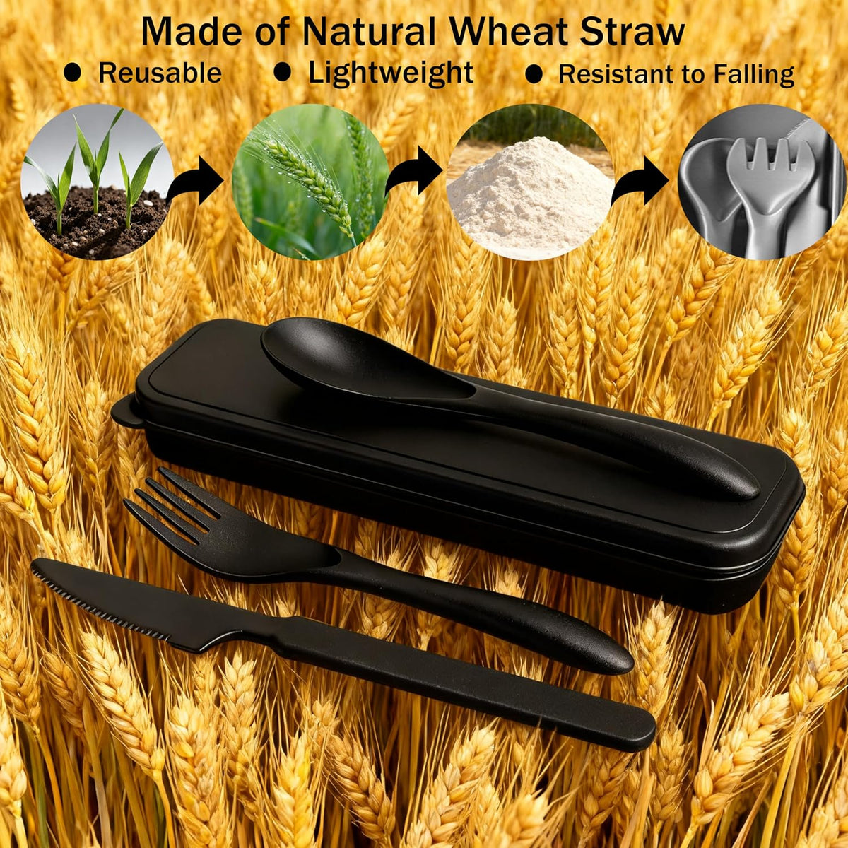 Wheat Straw Travel Cutlery Set Portable Knife Fork Spoon with Storage Case | Reusable wheat straw travel utensils with case, BPA-free tableware for adults office school picnic daily use