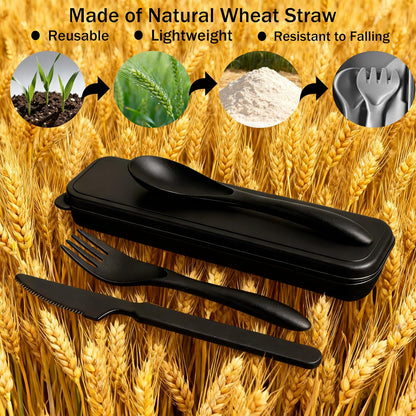 Wheat Straw Travel Cutlery Set Portable Knife Fork Spoon with Storage Case | Reusable wheat straw travel utensils with case, BPA-free tableware for adults office school picnic daily use