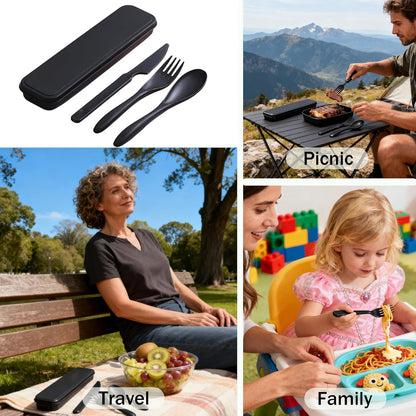 Wheat Straw Travel Cutlery Set Portable Knife Fork Spoon with Storage Case | Reusable wheat straw travel utensils with case, BPA-free tableware for adults office school picnic daily use