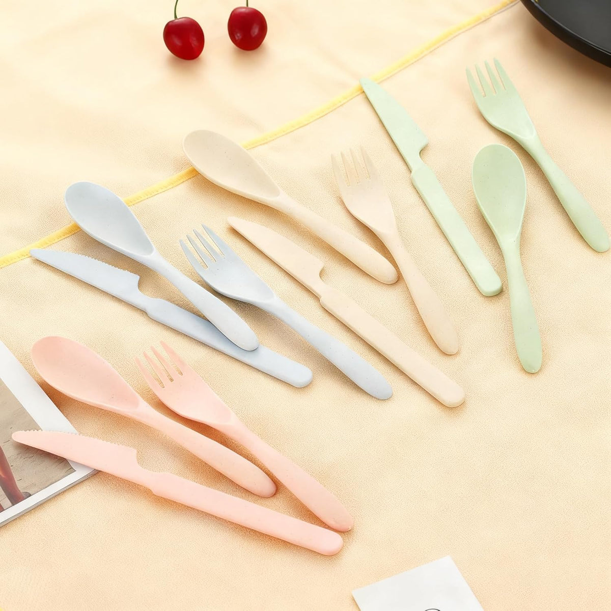 Wheat Straw Travel Cutlery Set Portable Knife Fork Spoon with Storage Case | Reusable wheat straw travel utensils with case, BPA-free tableware for adults office school picnic daily use