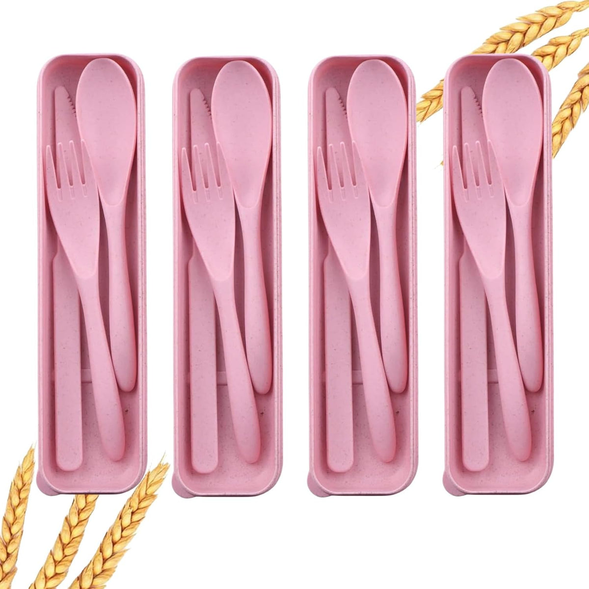 Wheat Straw Travel Cutlery Set Portable Knife Fork Spoon with Storage Case | Reusable wheat straw travel utensils with case, BPA-free tableware for adults office school picnic daily use