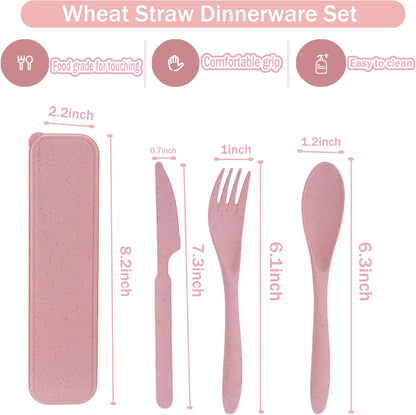 Wheat Straw Travel Cutlery Set Portable Knife Fork Spoon with Storage Case | Reusable wheat straw travel utensils with case, BPA-free tableware for adults office school picnic daily use