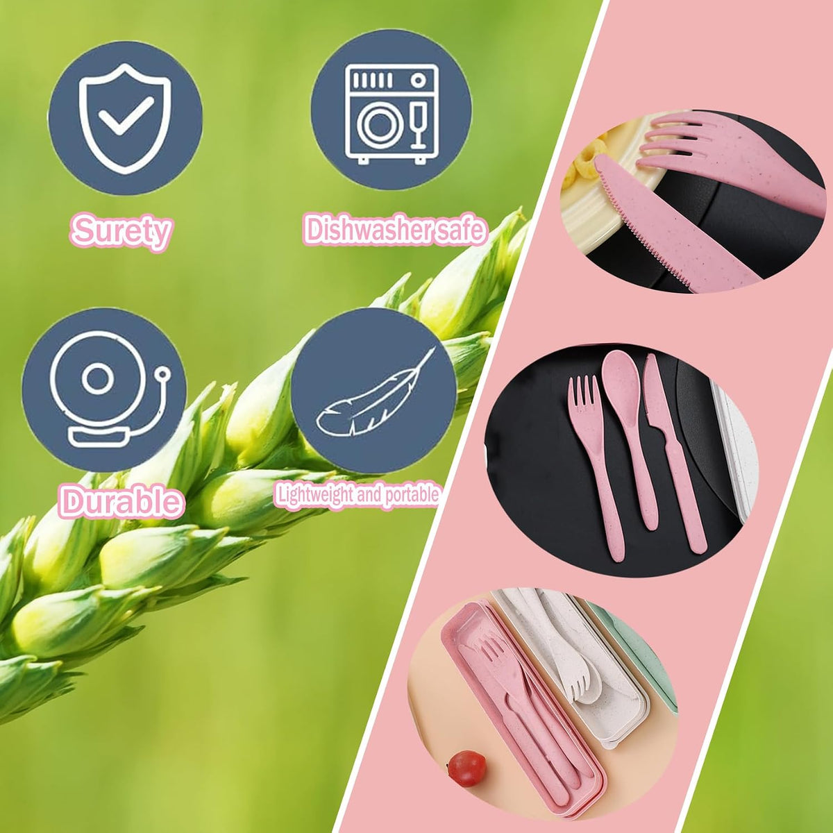 Wheat Straw Travel Cutlery Set Portable Knife Fork Spoon with Storage Case | Reusable wheat straw travel utensils with case, BPA-free tableware for adults office school picnic daily use