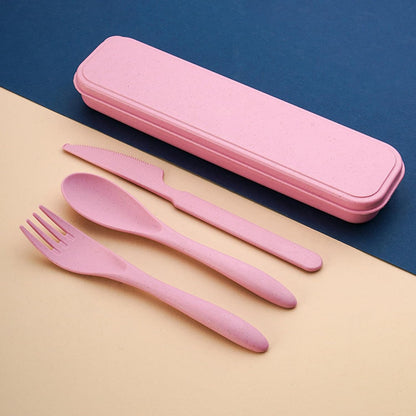 Wheat Straw Travel Cutlery Set Portable Knife Fork Spoon with Storage Case | Reusable wheat straw travel utensils with case, BPA-free tableware for adults office school picnic daily use