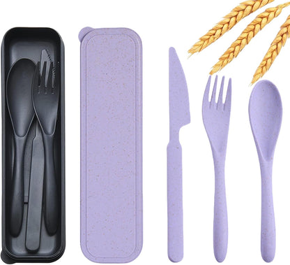 Wheat Straw Travel Cutlery Set Portable Knife Fork Spoon with Storage Case | Reusable wheat straw travel utensils with case, BPA-free tableware for adults office school picnic daily use