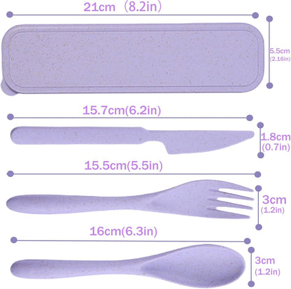Wheat Straw Travel Cutlery Set Portable Knife Fork Spoon with Storage Case | Reusable wheat straw travel utensils with case, BPA-free tableware for adults office school picnic daily use