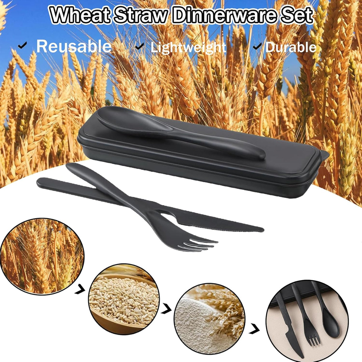 Wheat Straw Travel Cutlery Set Portable Knife Fork Spoon with Storage Case | Reusable wheat straw travel utensils with case, BPA-free tableware for adults office school picnic daily use