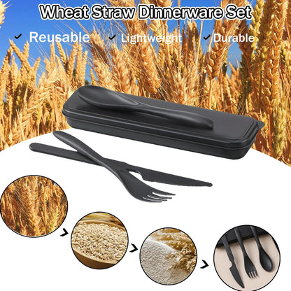 Wheat Straw Travel Cutlery Set Portable Knife Fork Spoon with Storage Case | Reusable wheat straw travel utensils with case, BPA-free tableware for adults office school picnic daily use