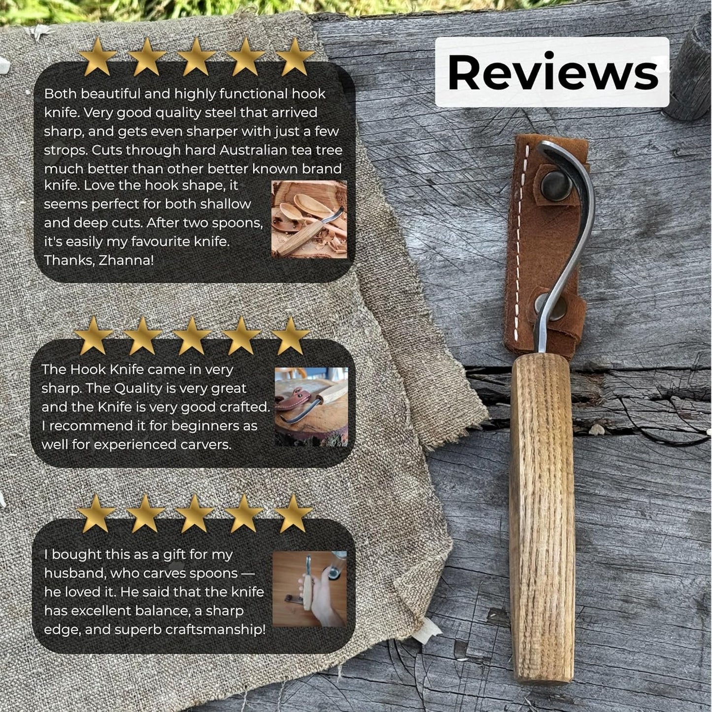 Sharky Spoon Carving Hook Knife Long Blade 2.7 In (7 cm) | Ergonomic ash wood handle and protective leather sheath for precise woodworking and detailed bowl carving