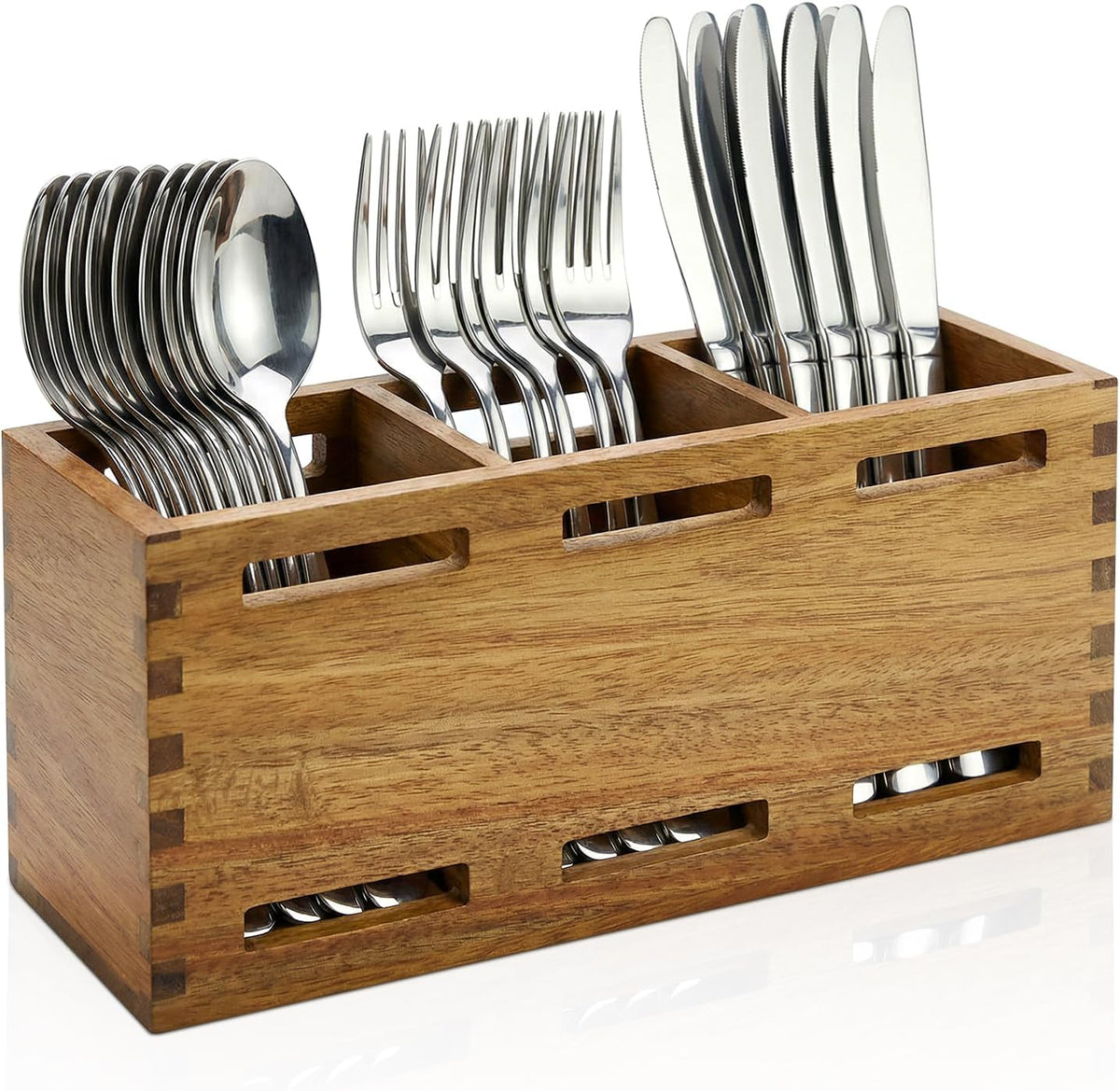 Silverware Caddy Organizer Counter Acacia Wood Cutlery Utensil Holder Party | Wooden Flatware Utensil Caddy Fork Spoon Storage Organizer Table Countertop Silverware Holder Basket Farmhouse Kitchen Decor