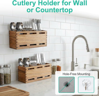 Silverware Caddy Organizer Counter Acacia Wood Cutlery Utensil Holder Party | Wooden Flatware Utensil Caddy Fork Spoon Storage Organizer Table Countertop Silverware Holder Basket Farmhouse Kitchen Decor