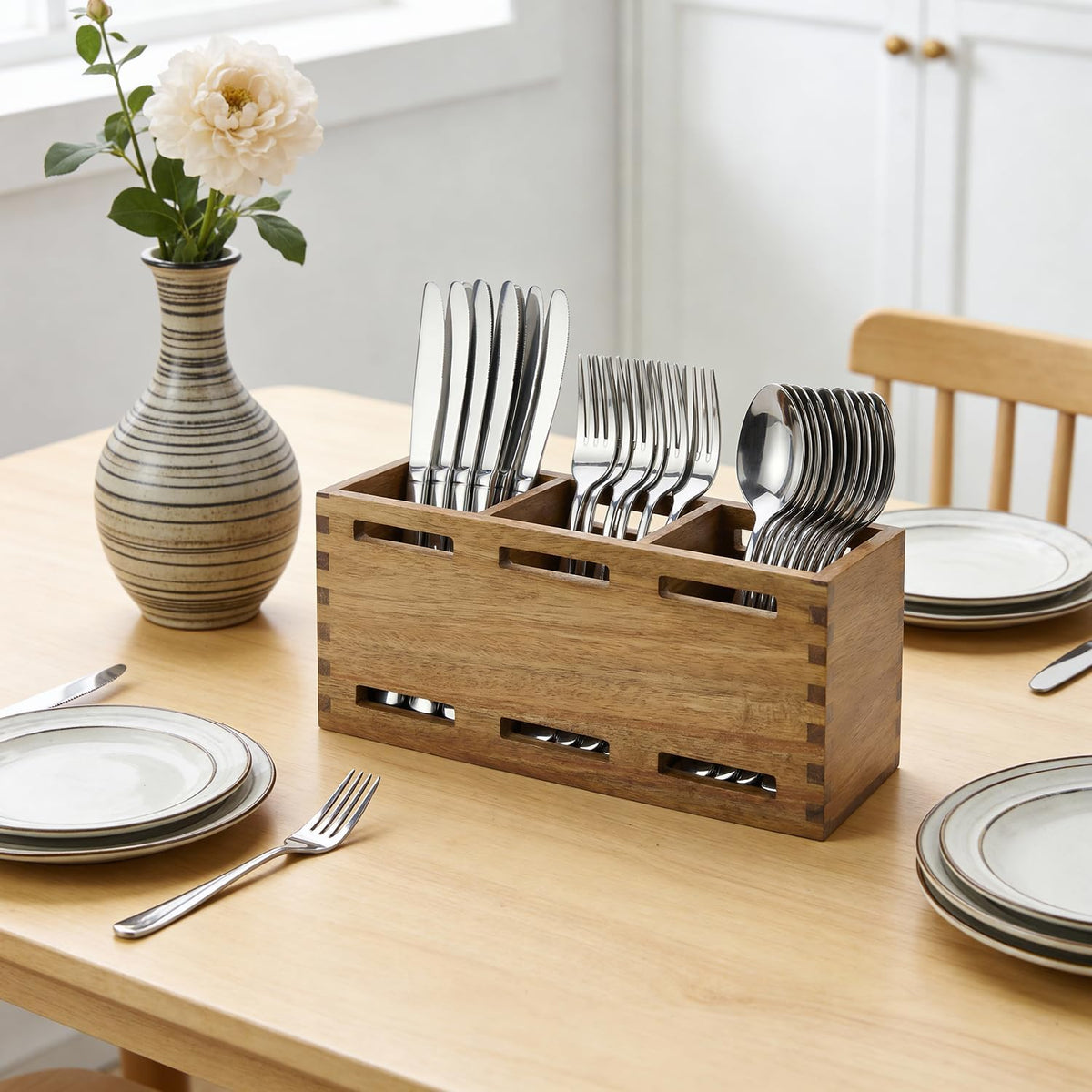 Silverware Caddy Organizer Counter Acacia Wood Cutlery Utensil Holder Party | Wooden Flatware Utensil Caddy Fork Spoon Storage Organizer Table Countertop Silverware Holder Basket Farmhouse Kitchen Decor