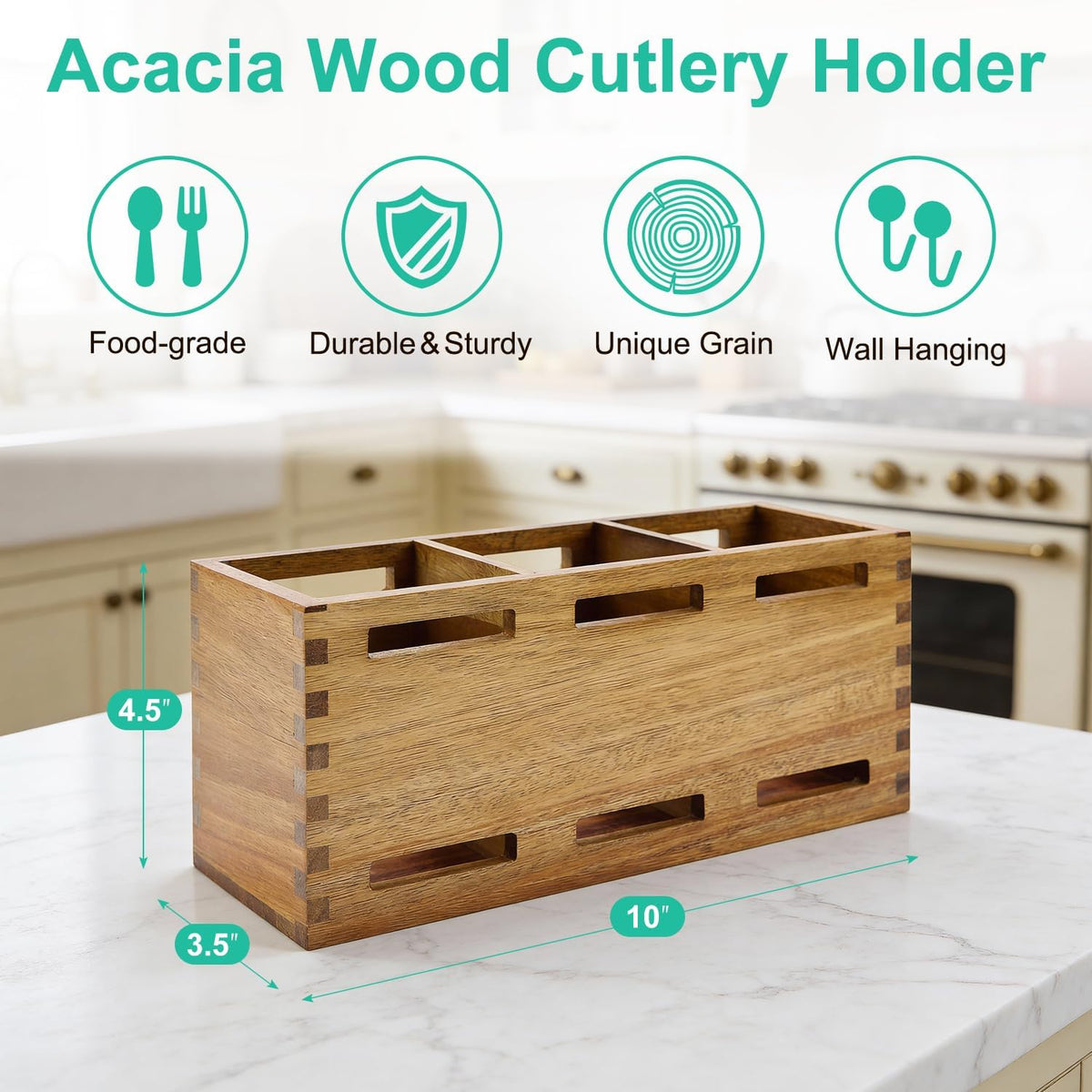 Silverware Caddy Organizer Counter Acacia Wood Cutlery Utensil Holder Party | Wooden Flatware Utensil Caddy Fork Spoon Storage Organizer Table Countertop Silverware Holder Basket Farmhouse Kitchen Decor