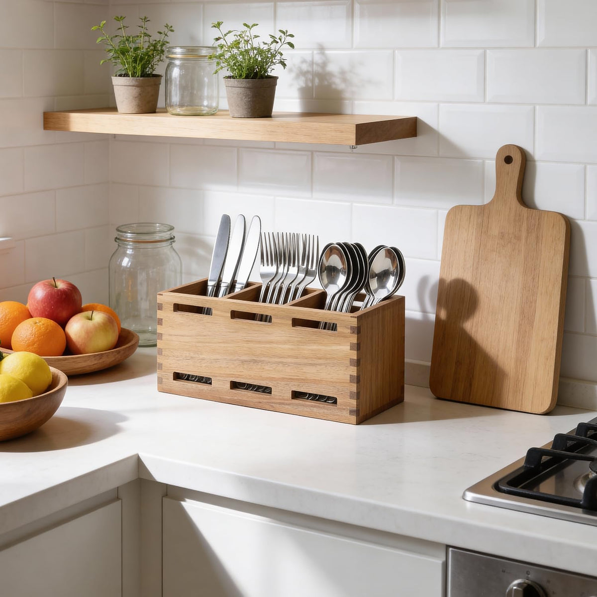 Silverware Caddy Organizer Counter Acacia Wood Cutlery Utensil Holder Party | Wooden Flatware Utensil Caddy Fork Spoon Storage Organizer Table Countertop Silverware Holder Basket Farmhouse Kitchen Decor