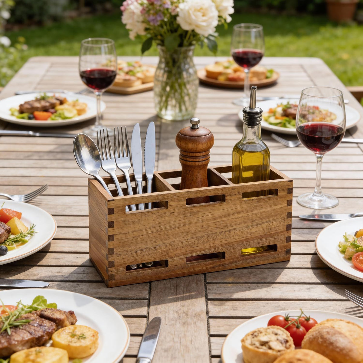 Silverware Caddy Organizer Counter Acacia Wood Cutlery Utensil Holder Party | Wooden Flatware Utensil Caddy Fork Spoon Storage Organizer Table Countertop Silverware Holder Basket Farmhouse Kitchen Decor