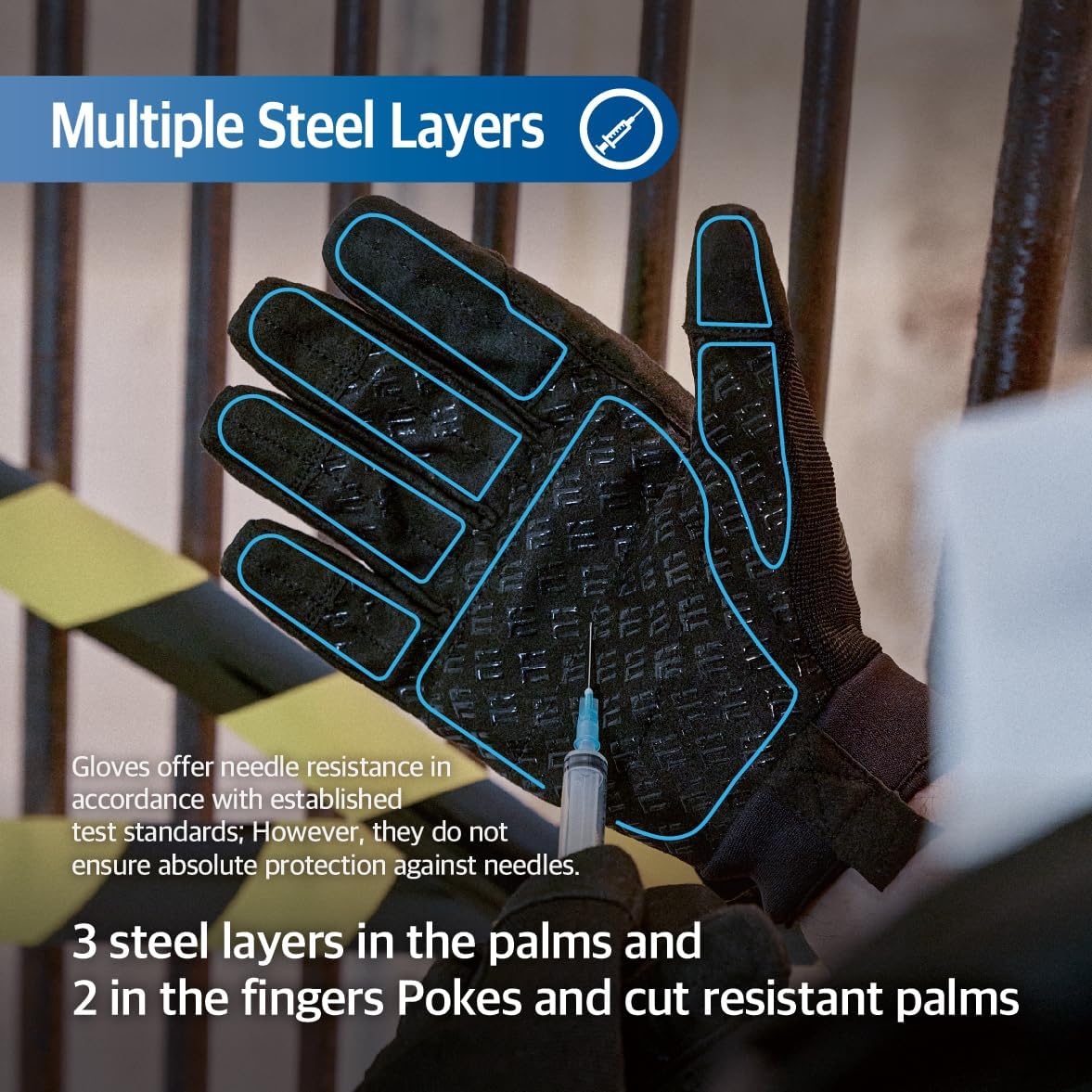 NPG420 Needle Resistant Gloves, ASTM F2878 Level 4 Palm & Lvl 3 Finger, ANSI Cut A9 Heavy Duty Industrial Protection, Multi-Layered Steel Mesh Puncture Proof Work Gloves, Black, L, 1 Pair