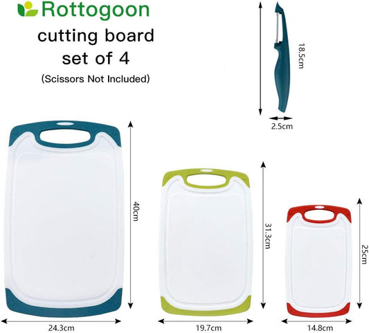 Cutting Boards for Kitchen, Plastic Chopping Board Set of 4 with Non-Slip Feet and Deep Drip Juice Groove, Easy Grip Handle, Dishwasher Safe