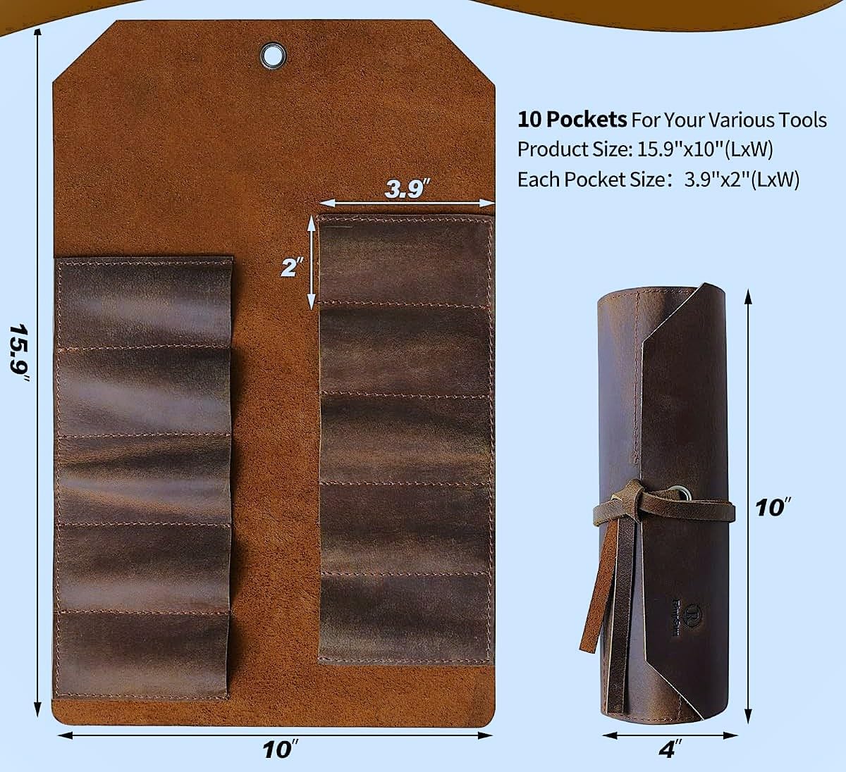 Leather Tool Roll Pouch 10 Slots - Tool Portable Carry On Pouch, Workshop Storage, Woodworking Tools Organizer Full Grain Leather
