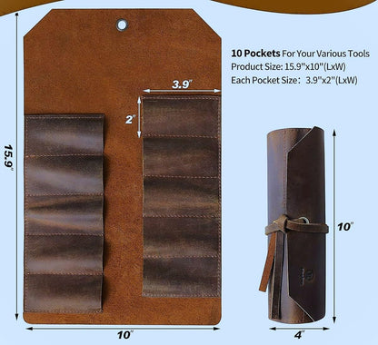Leather Tool Roll Pouch 10 Slots - Tool Portable Carry On Pouch, Workshop Storage, Woodworking Tools Organizer Full Grain Leather
