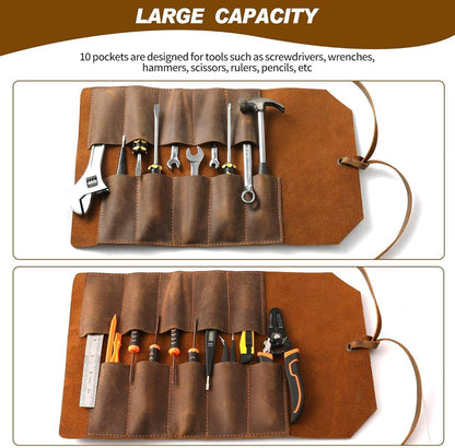 Leather Tool Roll Pouch 10 Slots - Tool Portable Carry On Pouch, Workshop Storage, Woodworking Tools Organizer Full Grain Leather