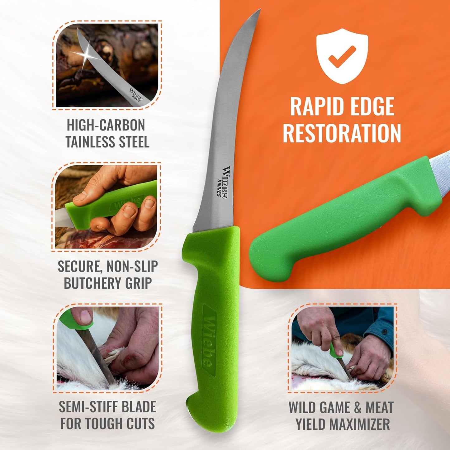 Wiebe 5" Boning Knife for Meat Processing: High-Carbon Stainless Steel Filet Knife, Curved, Semi-Stiff Blade for Deer, Brisket Trimming & Butchery