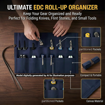 Knife Display Bag with 12 Slots Pocket Knives, Pocket knife Roll storage Organizer for Folding Knives Collection (Blue)