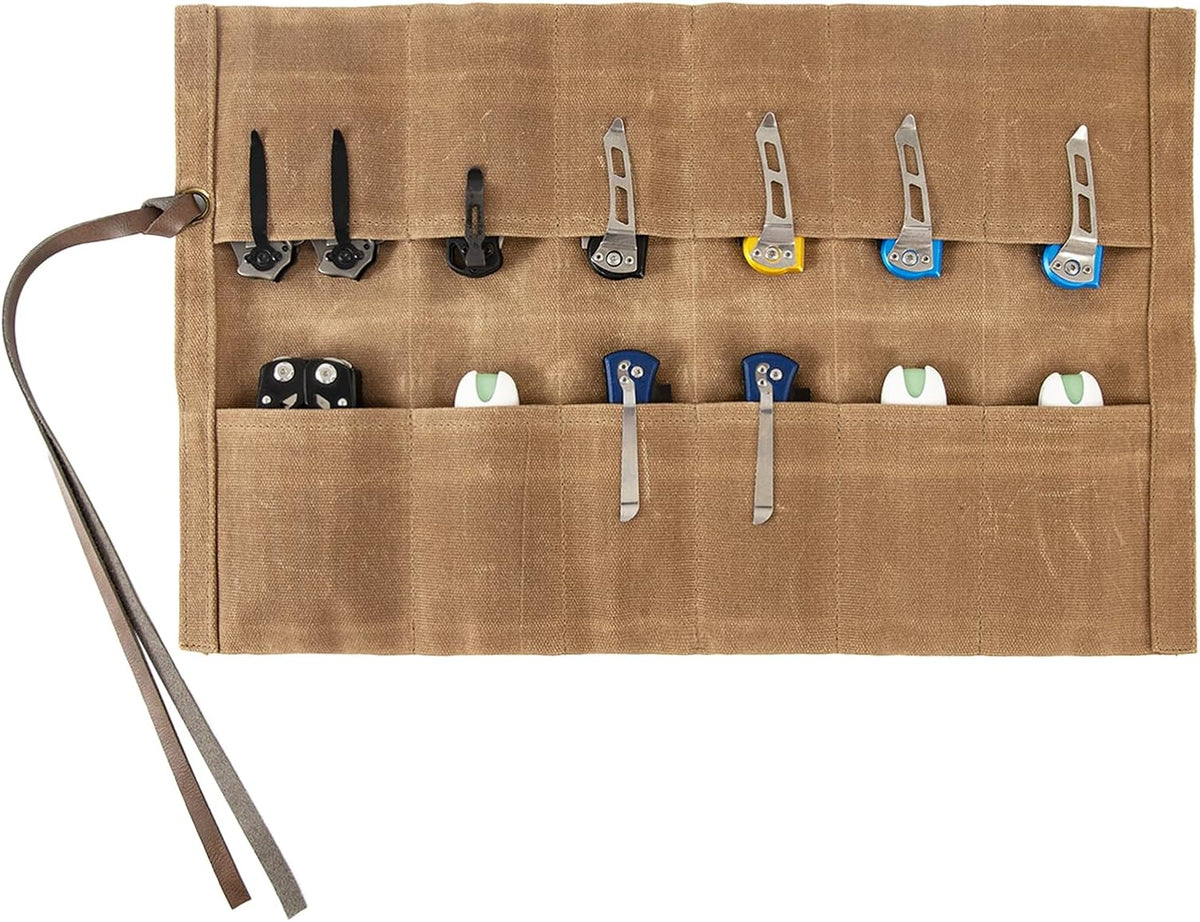 Knife Display Bag with 12 Slots Pocket Knives, Pocket knife Roll storage Organizer for Folding Knives Collection (Blue)