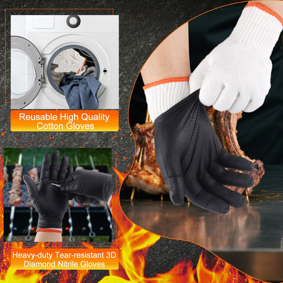 ANBOSON BBQ Gloves Disposable, Heat Resistant Grilling Gloves for Cooking | 10Mil Heavy Duty Nitrile Gloves-100Ct &4 Cotton Liners for Meat Handling Smoker for Hot Food Prep,Non-Slip Grip,Large,Black