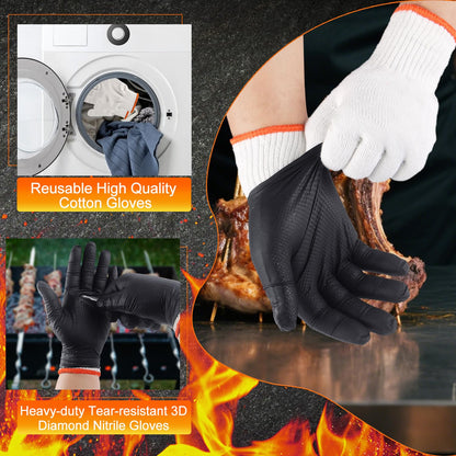 ANBOSON BBQ Gloves Disposable, Heat Resistant Grilling Gloves for Cooking | 10Mil Heavy Duty Nitrile Gloves-100Ct &4 Cotton Liners for Meat Handling Smoker for Hot Food Prep,Non-Slip Grip,Large,Black