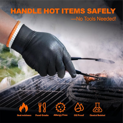 ANBOSON BBQ Gloves Disposable, Heat Resistant Grilling Gloves for Cooking | 10Mil Heavy Duty Nitrile Gloves-100Ct &4 Cotton Liners for Meat Handling Smoker for Hot Food Prep,Non-Slip Grip,Large,Black